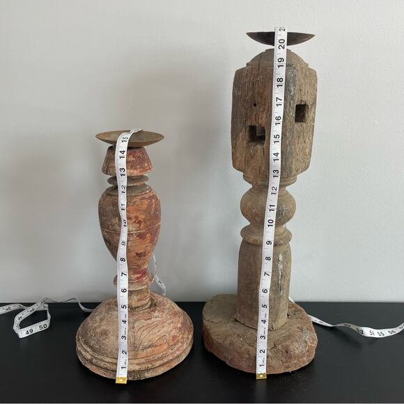 Antique Primitive Pillar Candle Holders Wood Metal 18th Century Rustic Farmhouse - Picture 7 of 9